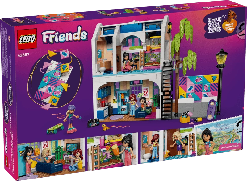 Back of LEGO Friends Liann's Family House 42687 packaging showing the furnished interior, upstairs bedroom, downstairs living area, four minidolls and illustrated play features.