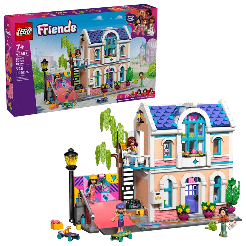 LEGO Friends Liann's Family House 42687 retail box displayed beside the completed two storey house, showing the purple roof, balcony, skate ramp, minidolls and garden accessories.