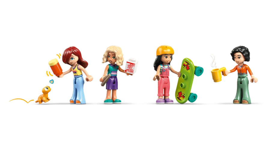 Four LEGO Friends minidolls from Liann's Family House 42687 displayed with a pet gecko, green skateboard, watering can, drinks and other small accessories.