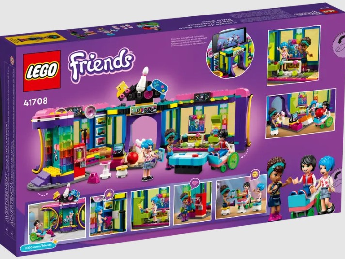 Back of LEGO Friends Roller Disco Arcade 41708 box with play features – Ireland
