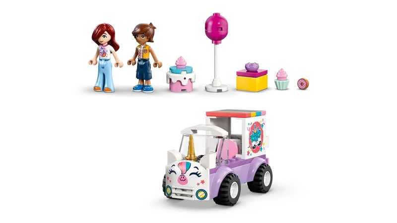 LEGO Friends Unicorn Cake Delivery Car 42675 unicorn themed car with pastel colours shown beside Paisley and Leo minidolls