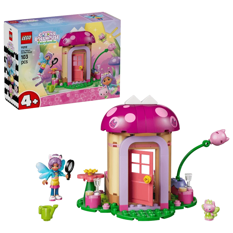 LEGO Gabby's Dollhouse Kitty Fairy's Garden House 11212 box with the completed garden house, Gabby and Kitty Fairy