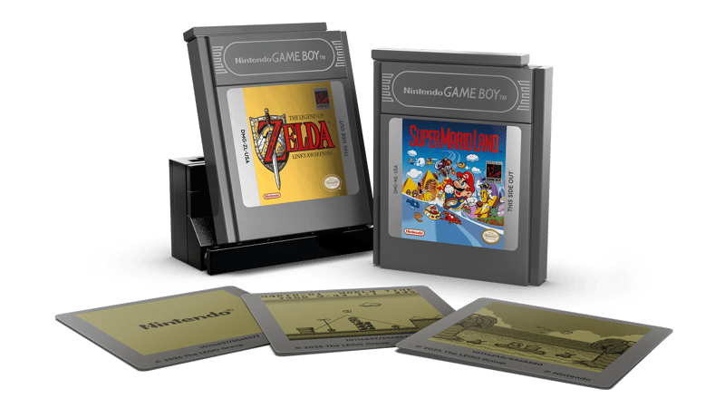 LEGO Nintendo Game Boy cartridges for The Legend of Zelda and Super Mario Land with display stand and three screen display pieces laid out in front