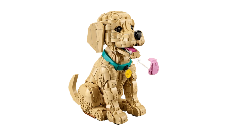 LEGO Golden Retriever Puppy model sitting with open mouth, pink tongue and turquoise collar