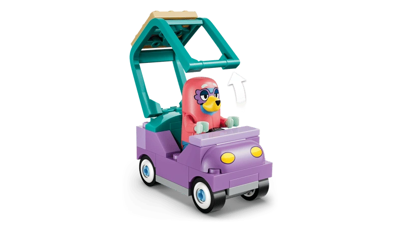 LEGO Bluey figure seated in purple car with raised roof