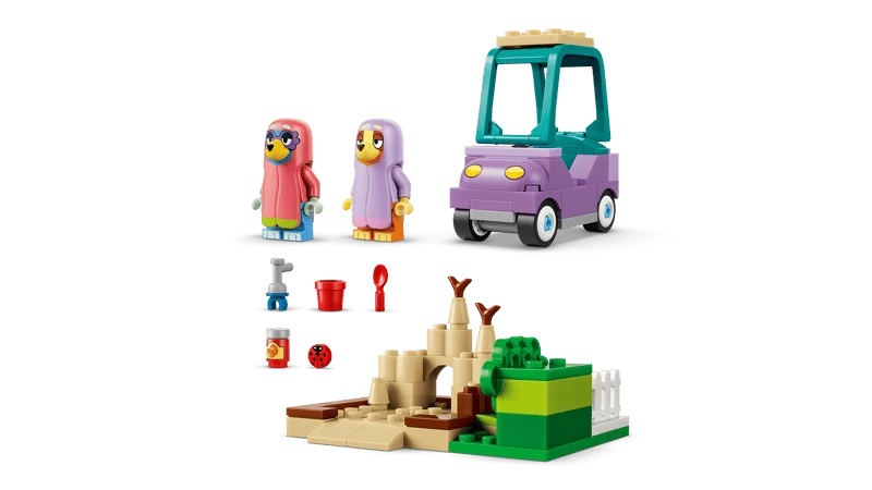 LEGO Bluey set pieces with figures, purple car, sandcastle, garden build and small accessories