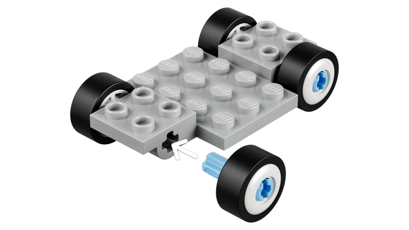 LEGO wheeled car base with grey plates and black wheels