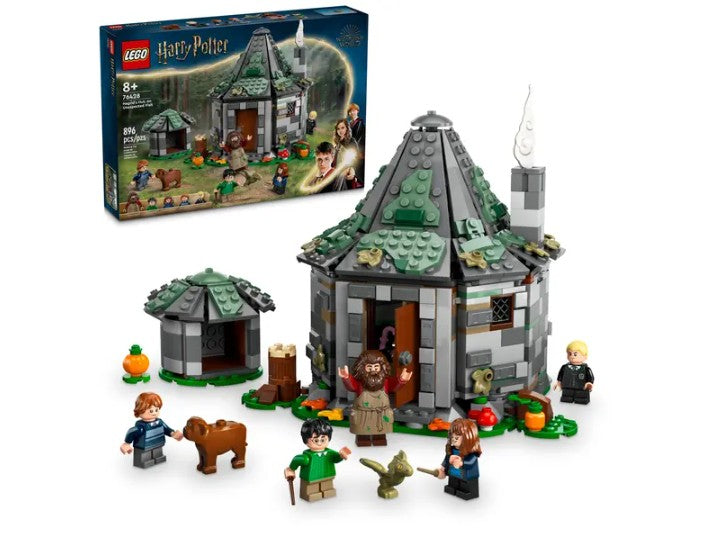 LEGO Hagrid’s Hut 76428 box with build and characters outside