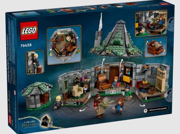 Back of LEGO Hagrid’s Hut 76428 box showing play features and inside view