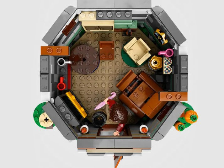 Top-down view of LEGO Hagrid’s Hut interior showing layout and furniture