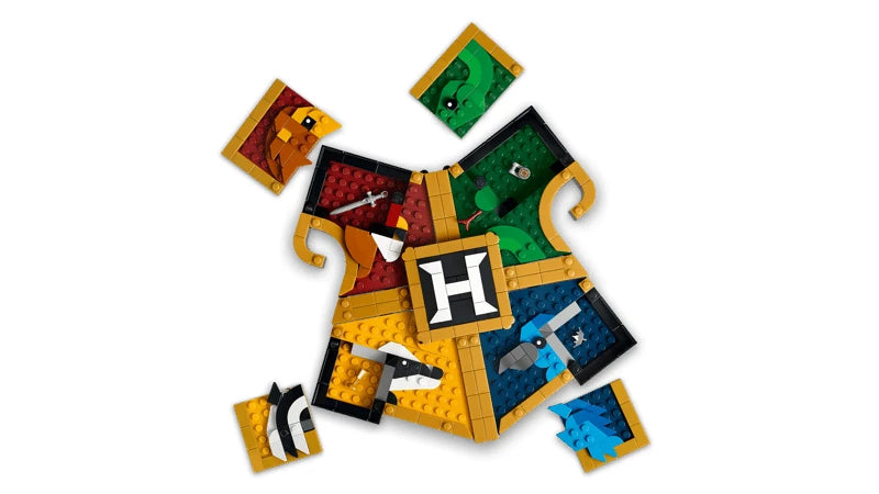 LEGO Hogwarts house crest model with red, yellow, green and blue sections separated from the centre crest