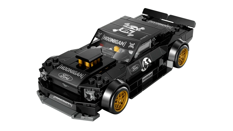Angled front view of LEGO black Hoonicorn car model with gold wheels and bonnet detail