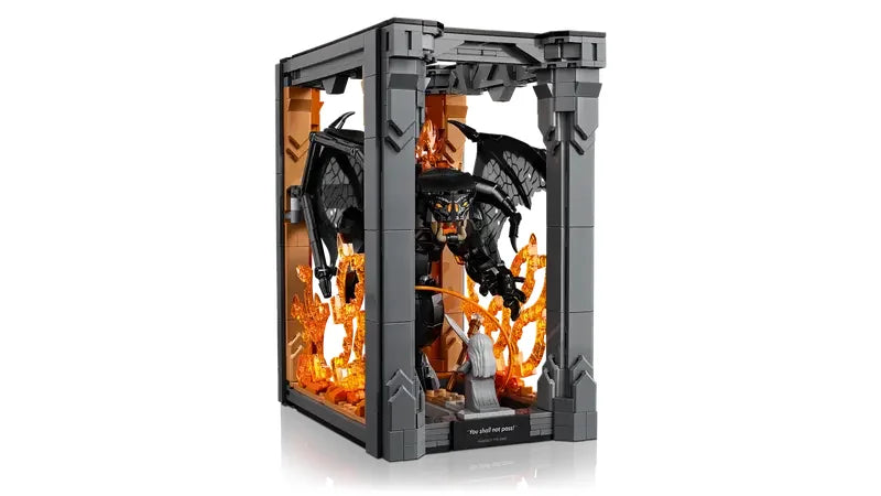 Side view of LEGO Lord of the Rings Book Nook with Balrog figure and flame display in Ireland