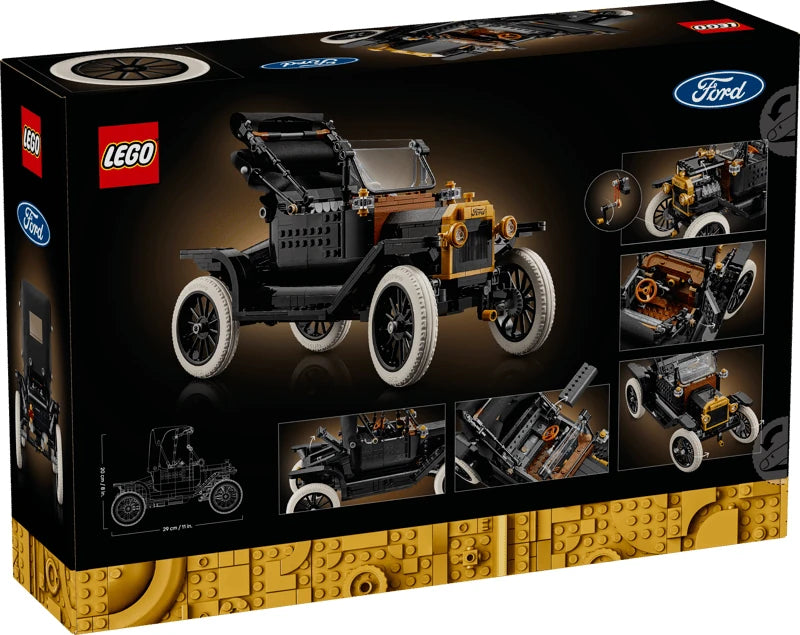 Back of the LEGO Icons Ford Model T box showing the completed black and gold car model with close views of the engine, steering, interior and rear compartment