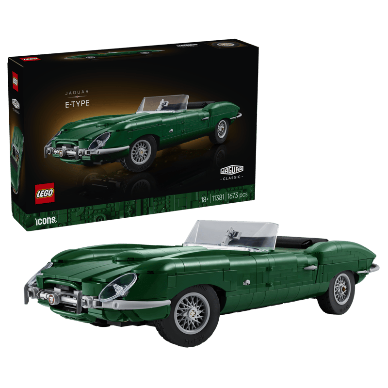 LEGO Icons Jaguar E-Type 11381 box beside the completed green car model