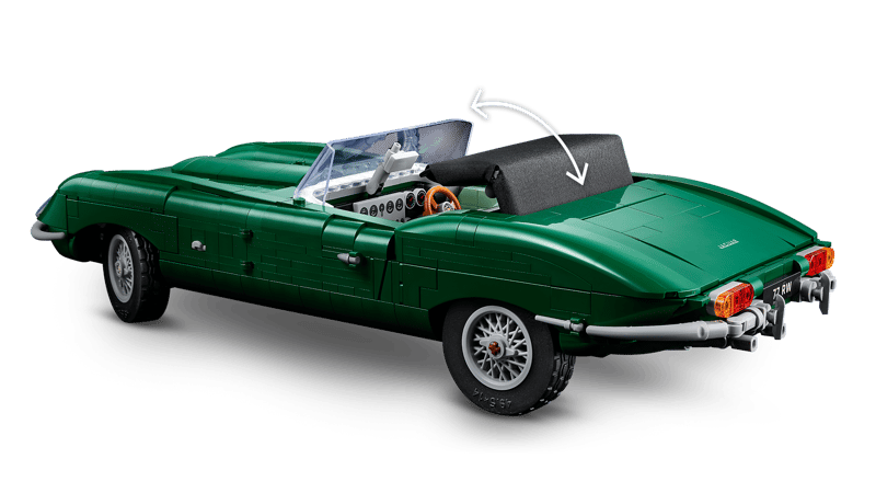 Rear view of the LEGO Icons Jaguar E-Type 11381 showing the folding textile roof