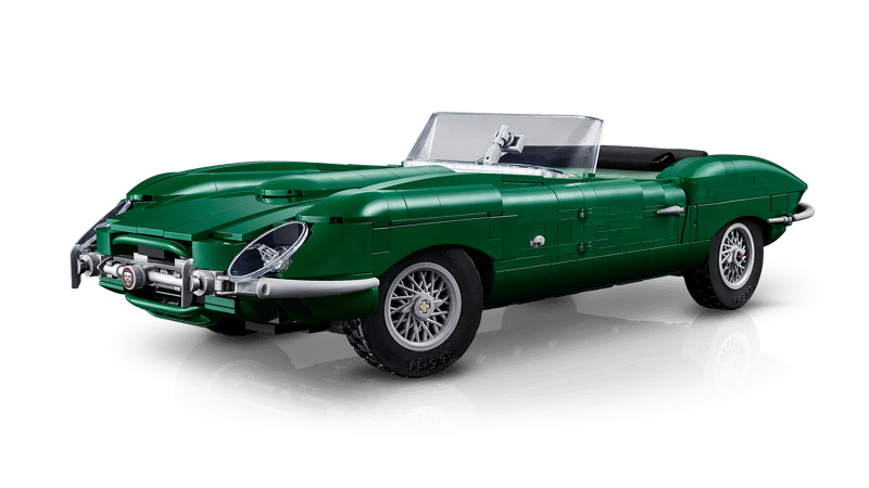 Front three quarter view of the LEGO Icons Jaguar E-Type 11381 with the textile roof folded down