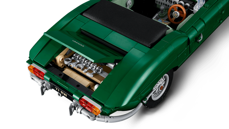 LEGO Icons Jaguar E-Type 11381 with the boot open to show the stored tool kit