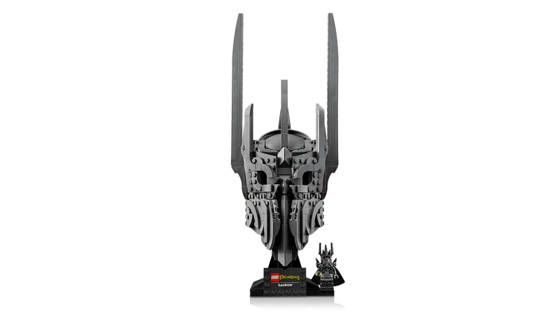 Front view of LEGO Icons Sauron’s Helmet model on black display stand with printed name plaque and Sauron minifigure