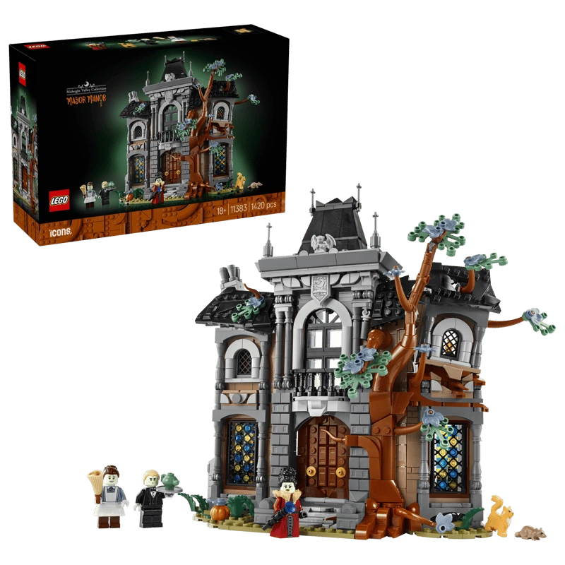 LEGO Icons Mayor Manor 11383 built model beside the product box