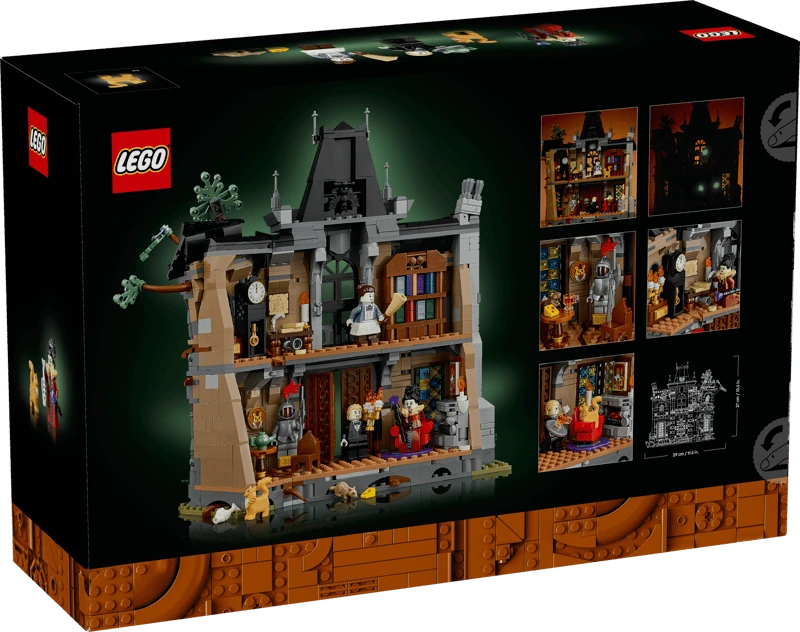 Rear of the LEGO Icons Mayor Manor 11383 box showing the open back interior and feature panels