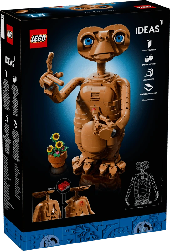 Back of the LEGO Ideas E.T. the Extra-Terrestrial 21370 box showing the completed model, flower pot and movable features