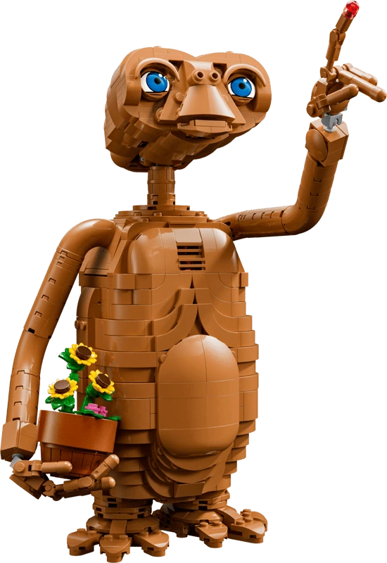 Completed LEGO Ideas E.T. the Extra-Terrestrial 21370 model holding a flower pot with one finger raised