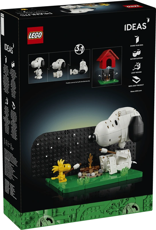 Rear of the LEGO Ideas Peanuts Snoopy's Doghouse box showing a campfire scene with Snoopy and Woodstock, plus diagrams of the figure poses and removable doghouse.