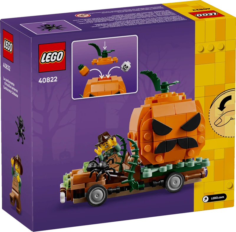 Back of the LEGO Jack-O'-Lantern Pickup Truck 40822 box showing the completed vehicle, farmer minifigure and opening pumpkin feature