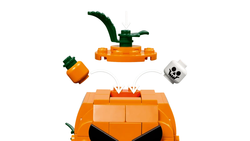 LEGO Jack-O'-Lantern Pickup Truck 40822 opening pumpkin showing the removable top, pumpkin head and skull