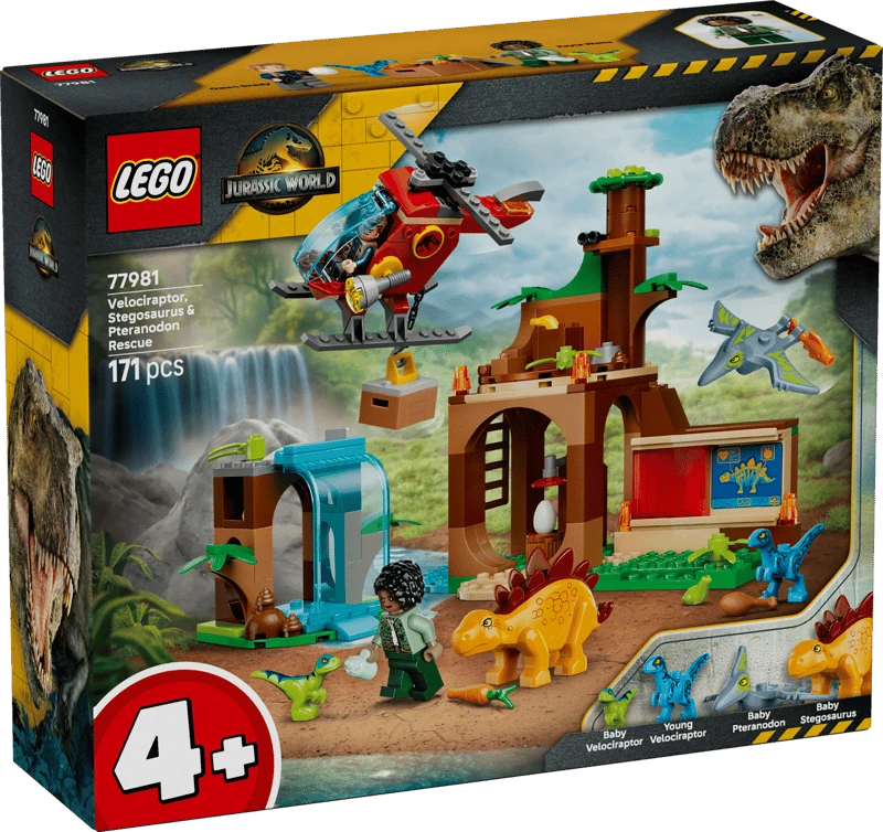 Front of the LEGO Jurassic World Velociraptor, Stegosaurus & Pteranodon Rescue 77981 box showing the rescue centre, helicopter, baby dinosaurs and minifigures