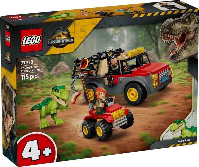 Front of the LEGO Jurassic World Young T. rex Transport Truck 77978 box showing the truck, ATV, young T. rex and two minifigures