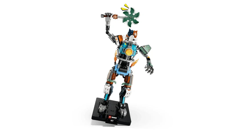 LEGO Fortnite KIT motorcycle mech model on a black display base with green weapon accessory