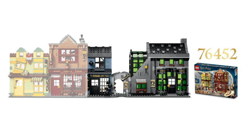 LEGO wizarding shop buildings connected beside a LEGO Harry Potter 76452 box