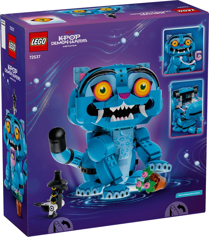 Back of the LEGO KPop Demon Hunters Derpy Tiger and Sussie Bird 72537 box showing the completed figures and feature images