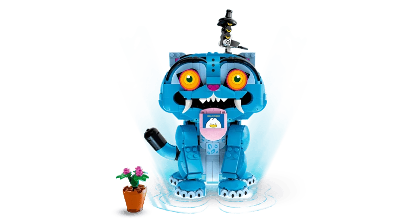 Front view of LEGO KPop Demon Hunters Derpy Tiger and Sussie Bird 72537 with a love note and flowerpot