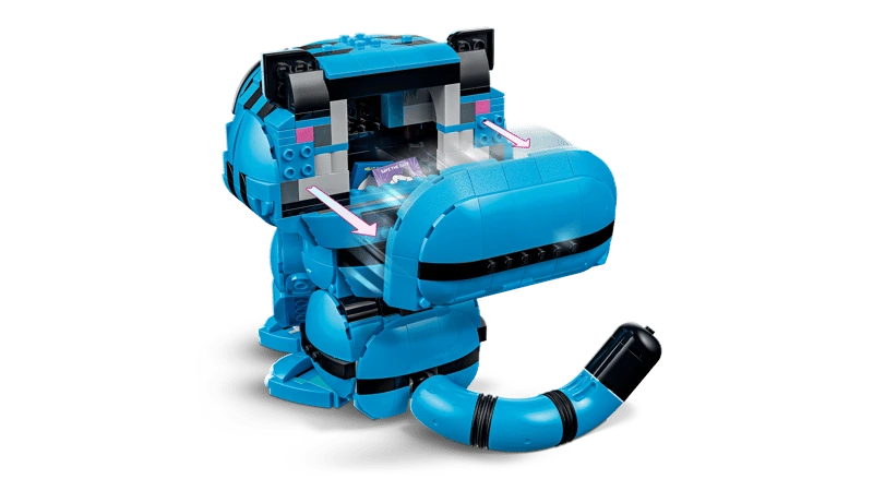 Rear view of LEGO KPop Demon Hunters Derpy Tiger with the head open to show the storage space and love note