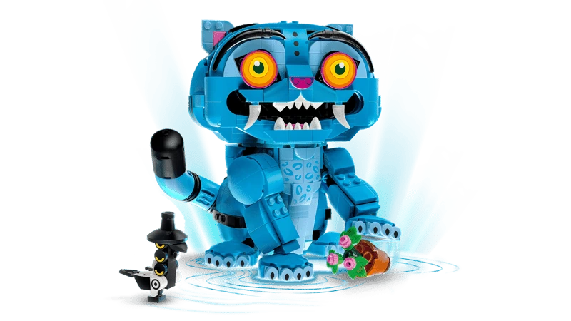 LEGO KPop Demon Hunters Derpy Tiger seated beside Sussie Bird and a tipped flowerpot