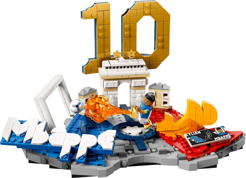 LEGO Editions Kylian Mbappé Football Highlights model with gold number 10, football, minifigure and French national team colours