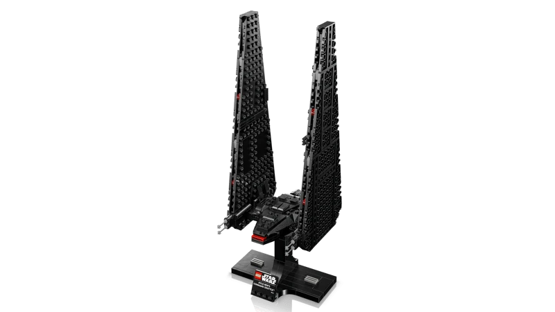 LEGO Kylo Ren's Command Shuttle 75406 display model on stand with wings raised in landing mode