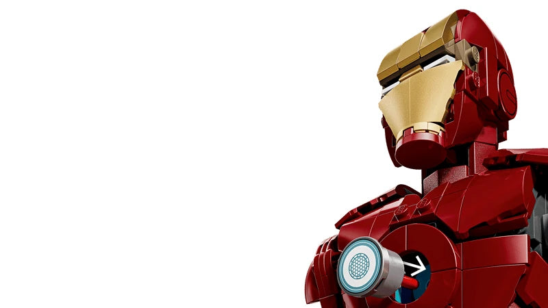 Close view of the LEGO Iron Man Mark 3 helmet, upper torso and circular Arc Reactor with a rotation arrow beside it