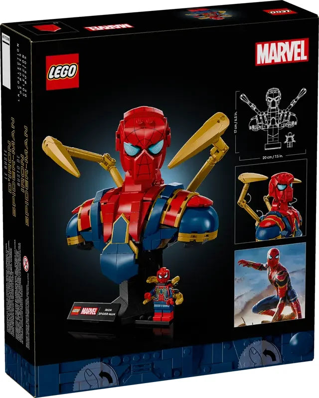 Back of LEGO Marvel 76326 Iron Spider-Man Bust with height and pose diagram – Ireland
