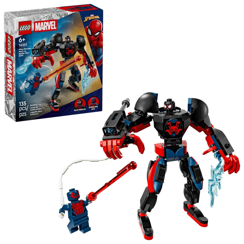 LEGO Marvel Miles Morales Mech vs Spider Man 2099 set shown with the retail box beside the completed black and red mech, with Miles Morales seated in the cockpit and Spider Man 2099 standing to his right.