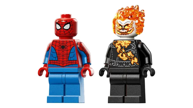 Spider-Man and Ghost Rider minifigures shown side by side on a white background, with Spider-Man in red and blue suit and Ghost Rider with flaming head and black outfit