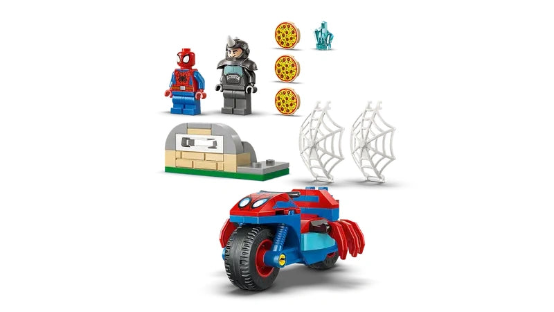 LEGO Spidey and Rhino minifigures displayed above a pizza oven build, with three pizza tiles, a blue crystal, two white web pieces and the red and blue spider themed motorcycle arranged below on a white background