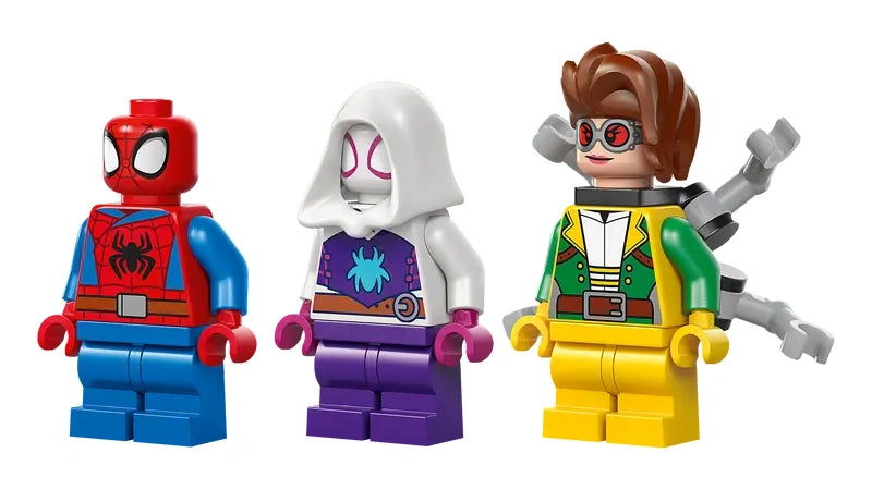 Three LEGO minifigures in red and blue, white and purple, and green and yellow standing side by side