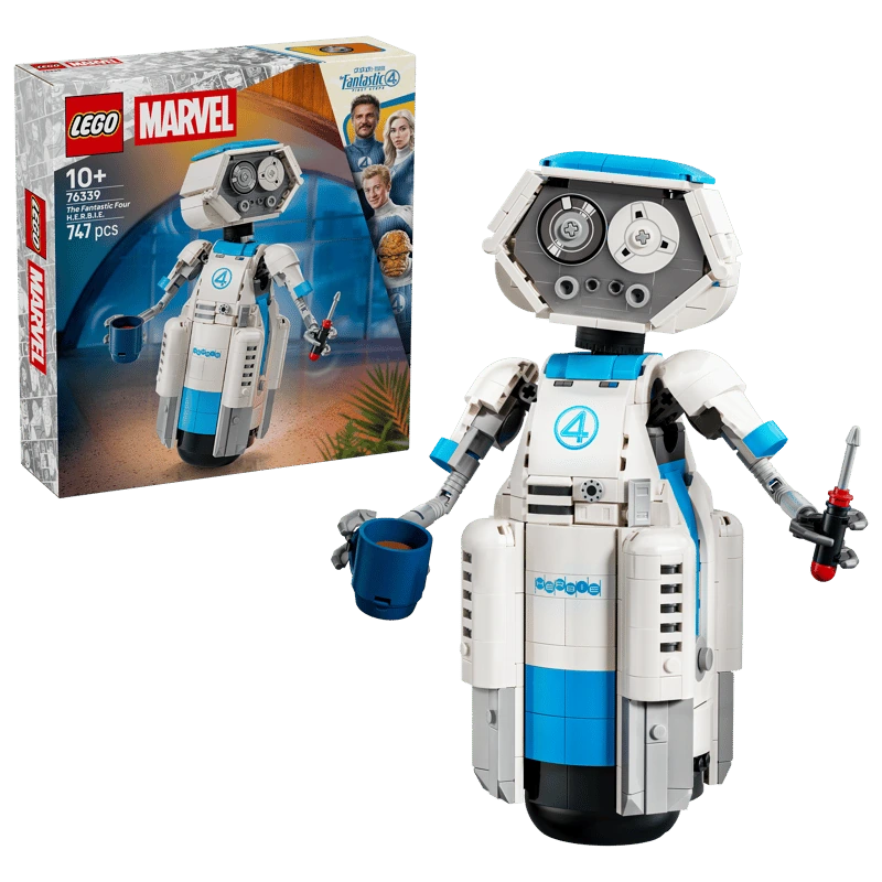 LEGO Marvel The Fantastic Four H.E.R.B.I.E. 76339 box beside the completed robot holding a blue mug and screwdriver