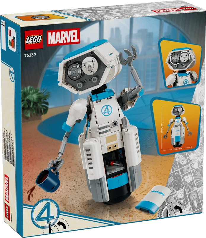 Back of the LEGO Marvel The Fantastic Four H.E.R.B.I.E. 76339 box showing the completed robot, opening torso panel and dimensions