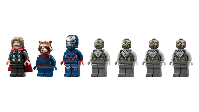 LEGO Thor, Rocket, Iron Patriot and 4 Chitauri minifigures lined up – Ireland