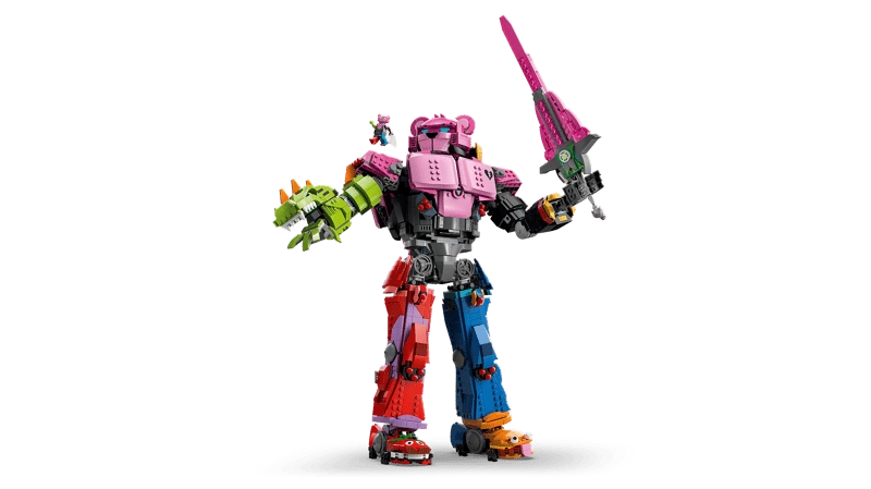 LEGO Mecha Team Leader 77078 full figure on display base with pink sword and small minifigure on shoulder